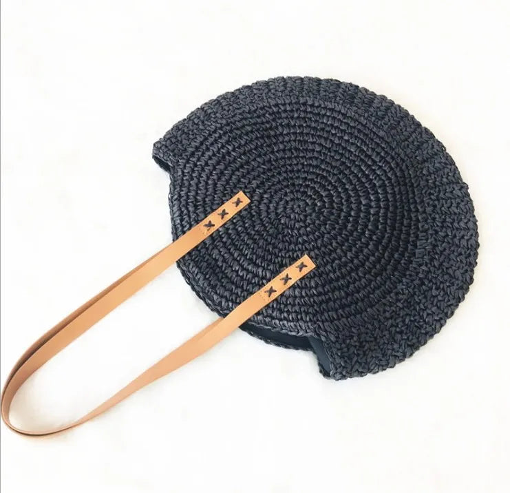 New round straw bag beach bag woven large capacity single shoulder hand crochet Summer girl bag