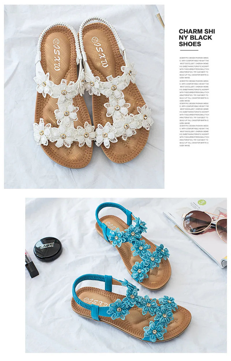 BEYARNEComfortable flat sandals women big size summer shoes woman bohemia flowers rhinestone beach ladies shoes thongs