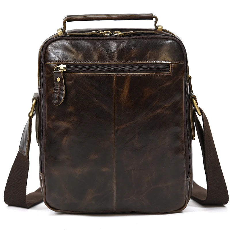 Crazy Horse Genuine Leather Men Shoulder Bag Cowhide Double Zipper Pockets Multifunctional Messenger bag Vintage mini handbag