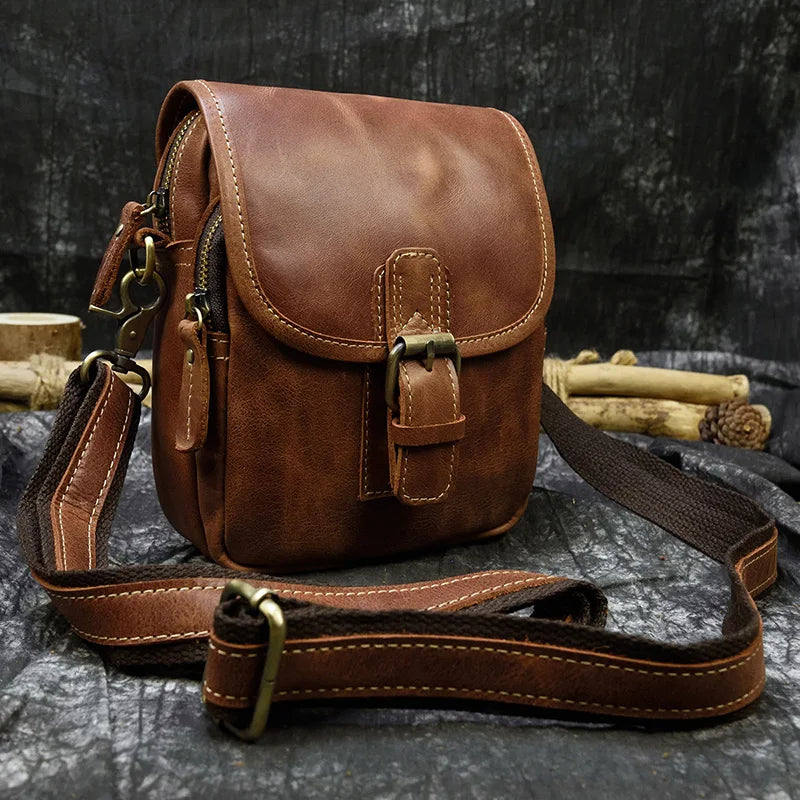 Crazy Horse Genuine Leather Men Shoulder Bag Cowhide Double Zipper Pockets Multifunctional Messenger bag Vintage mini handbag