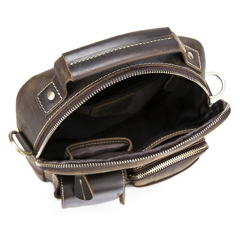 Crazy Horse Genuine Leather Men Shoulder Bag Cowhide Double Zipper Pockets Multifunctional Messenger bag Vintage mini handbag
