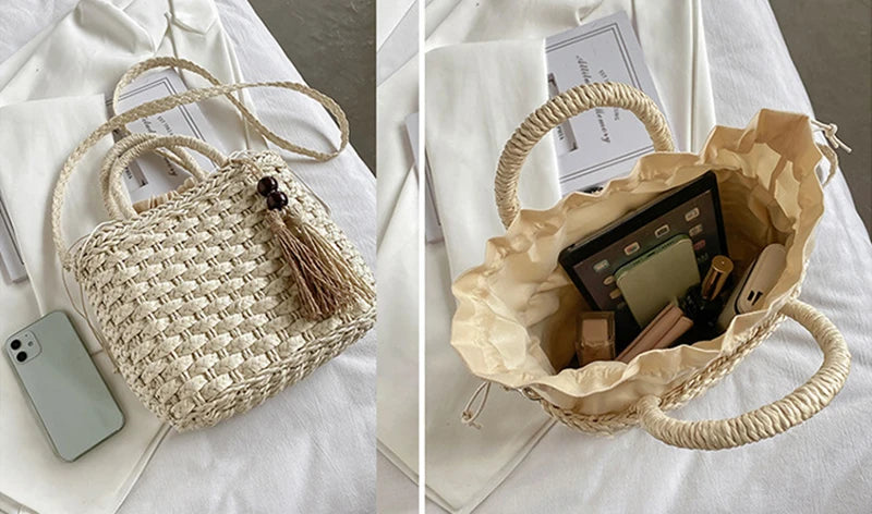 Women Handbags Straw Rattan Woven Crossbody Bag Summer Bohemia Beach Tassel Design Basket Bag Fashion Shoulder Messenger Bag
