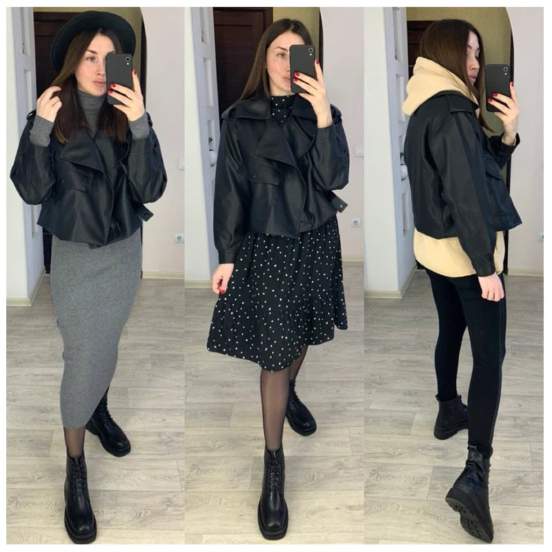 FTLZZ New Spring Women Faux Leather Jacket Biker Red White Coat Turndown Collar PU Motorcycle Jackets Loose Streetwear Outerwear