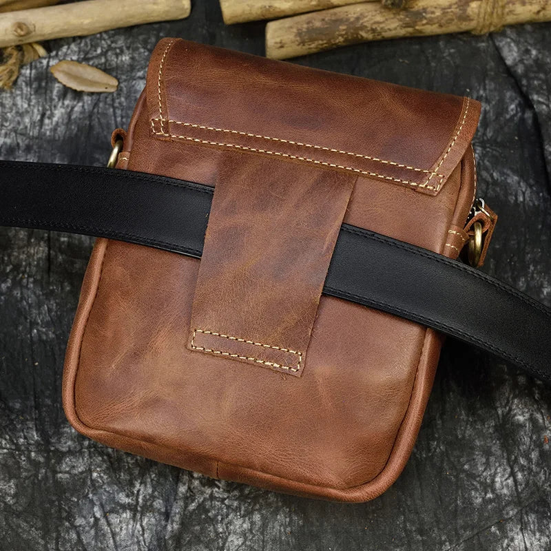 Crazy Horse Genuine Leather Men Shoulder Bag Cowhide Double Zipper Pockets Multifunctional Messenger bag Vintage mini handbag