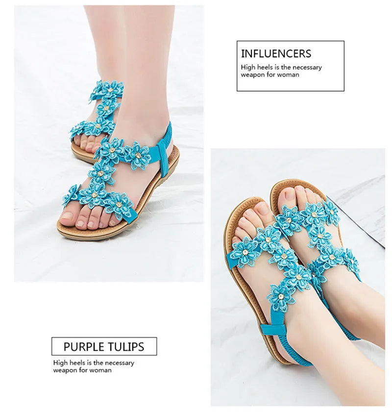 BEYARNEComfortable flat sandals women big size summer shoes woman bohemia flowers rhinestone beach ladies shoes thongs