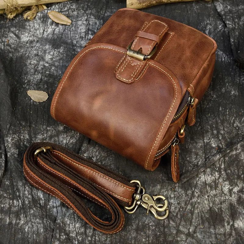 Crazy Horse Genuine Leather Men Shoulder Bag Cowhide Double Zipper Pockets Multifunctional Messenger bag Vintage mini handbag