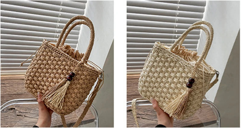 Women Handbags Straw Rattan Woven Crossbody Bag Summer Bohemia Beach Tassel Design Basket Bag Fashion Shoulder Messenger Bag