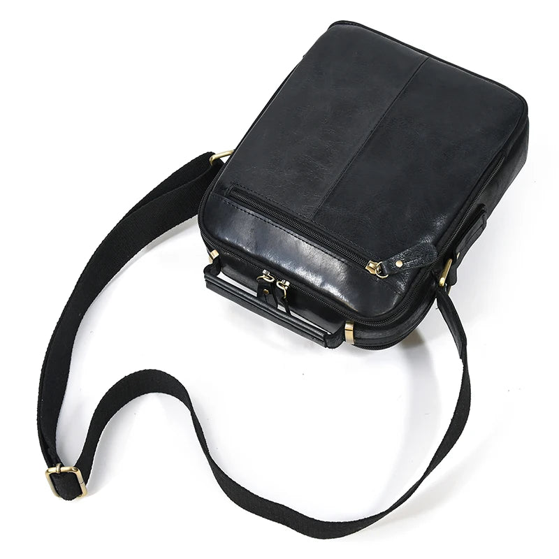 Crazy Horse Genuine Leather Men Shoulder Bag Cowhide Double Zipper Pockets Multifunctional Messenger bag Vintage mini handbag