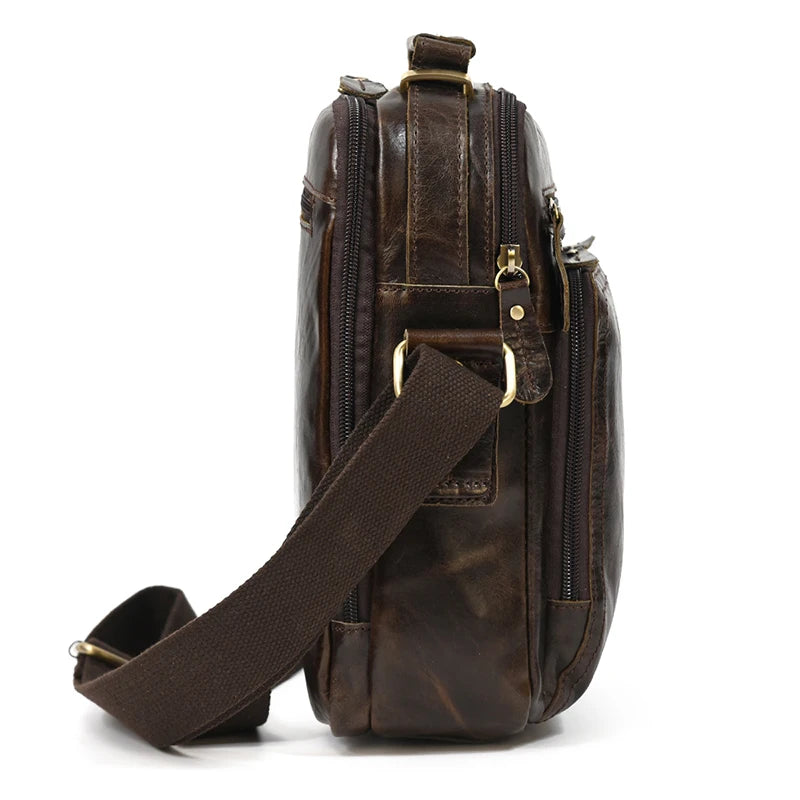 Crazy Horse Genuine Leather Men Shoulder Bag Cowhide Double Zipper Pockets Multifunctional Messenger bag Vintage mini handbag