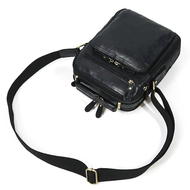 Crazy Horse Genuine Leather Men Shoulder Bag Cowhide Double Zipper Pockets Multifunctional Messenger bag Vintage mini handbag