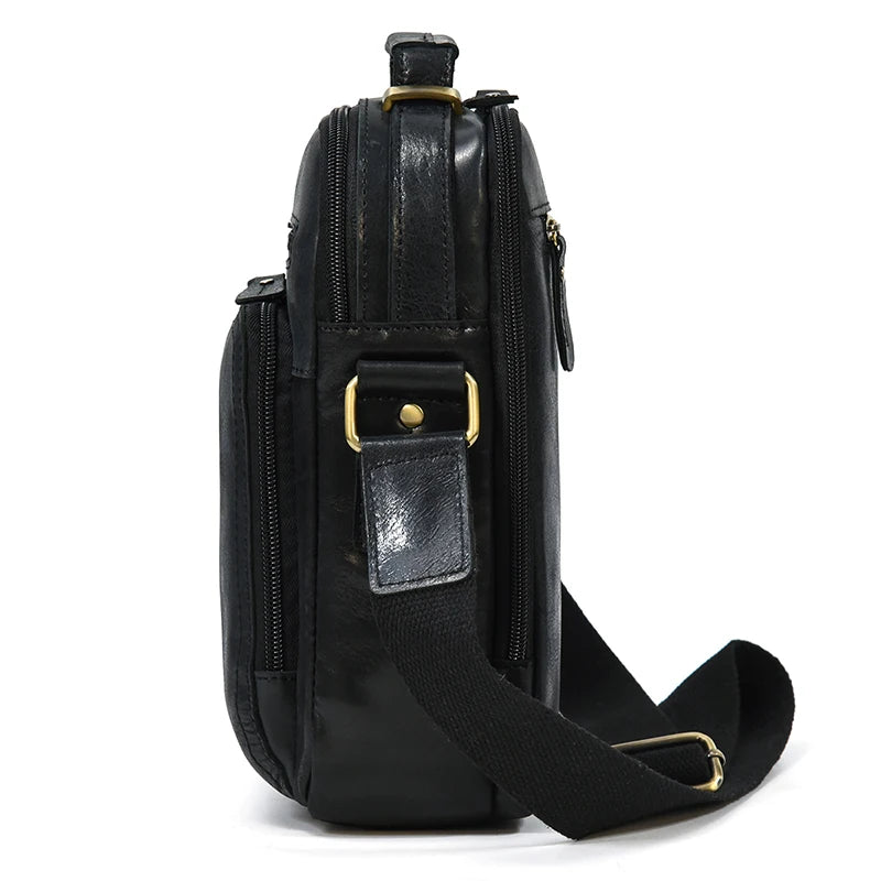 Crazy Horse Genuine Leather Men Shoulder Bag Cowhide Double Zipper Pockets Multifunctional Messenger bag Vintage mini handbag