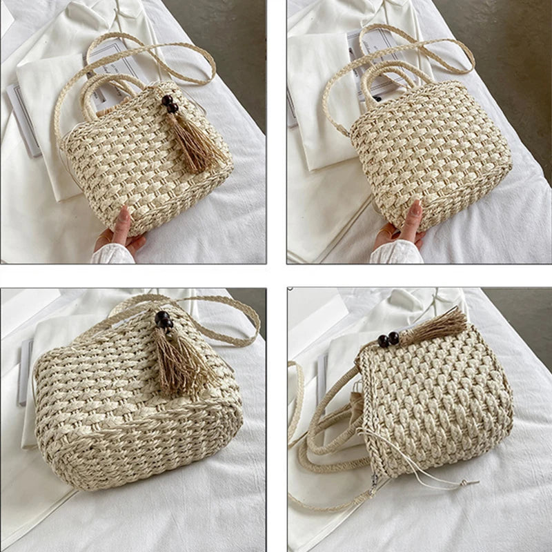 Women Handbags Straw Rattan Woven Crossbody Bag Summer Bohemia Beach Tassel Design Basket Bag Fashion Shoulder Messenger Bag