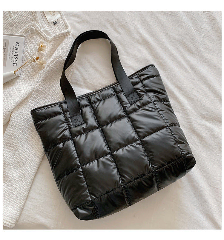 Waterproof Tote Bag for Women Puffer Cotton Padded Shoulder Bag Large Capacity Ladies Handbags Quilted Work Commute Shopping Bag