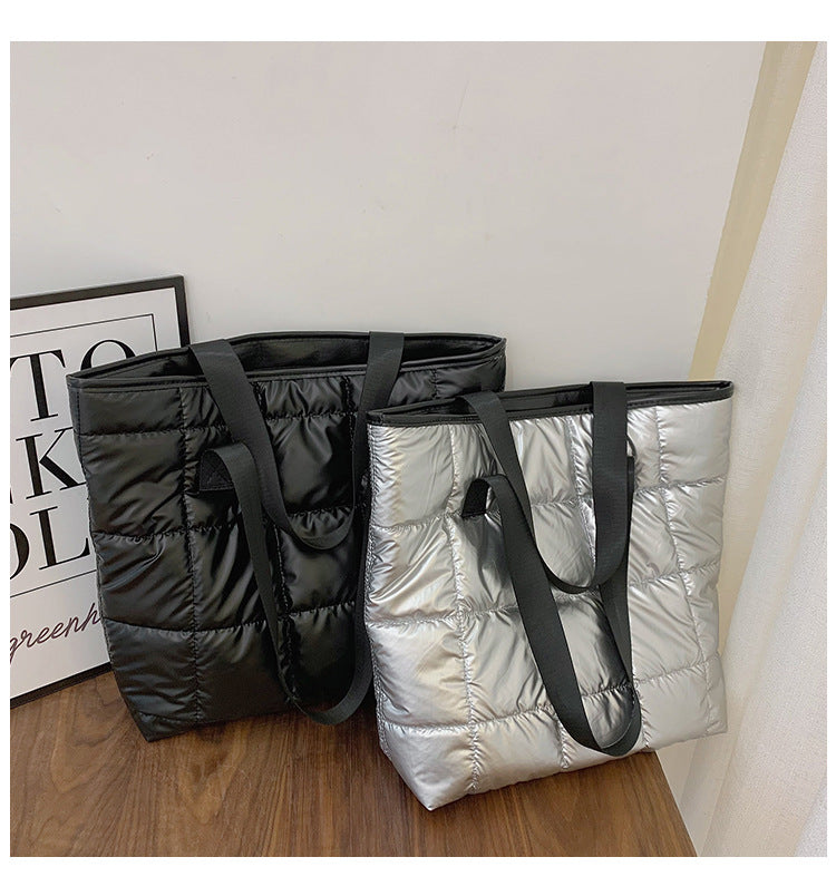 Waterproof Tote Bag for Women Puffer Cotton Padded Shoulder Bag Large Capacity Ladies Handbags Quilted Work Commute Shopping Bag