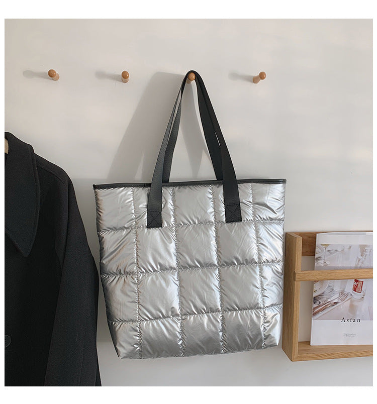 Waterproof Tote Bag for Women Puffer Cotton Padded Shoulder Bag Large Capacity Ladies Handbags Quilted Work Commute Shopping Bag