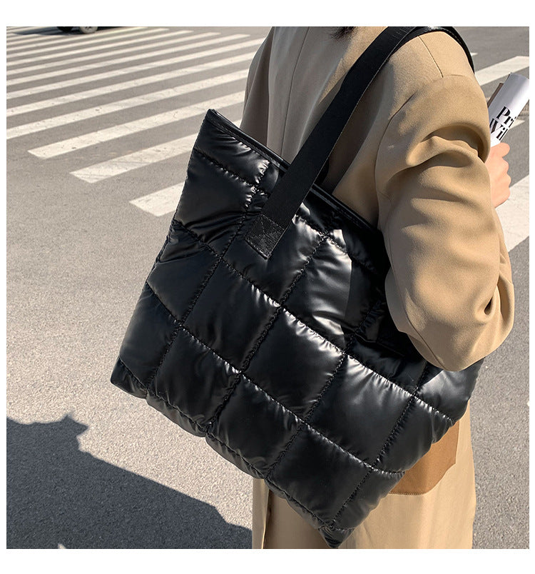 Waterproof Tote Bag for Women Puffer Cotton Padded Shoulder Bag Large Capacity Ladies Handbags Quilted Work Commute Shopping Bag