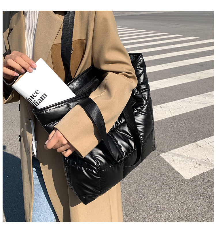 Waterproof Tote Bag for Women Puffer Cotton Padded Shoulder Bag Large Capacity Ladies Handbags Quilted Work Commute Shopping Bag