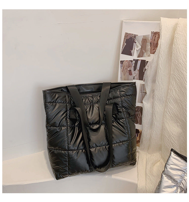 Waterproof Tote Bag for Women Puffer Cotton Padded Shoulder Bag Large Capacity Ladies Handbags Quilted Work Commute Shopping Bag