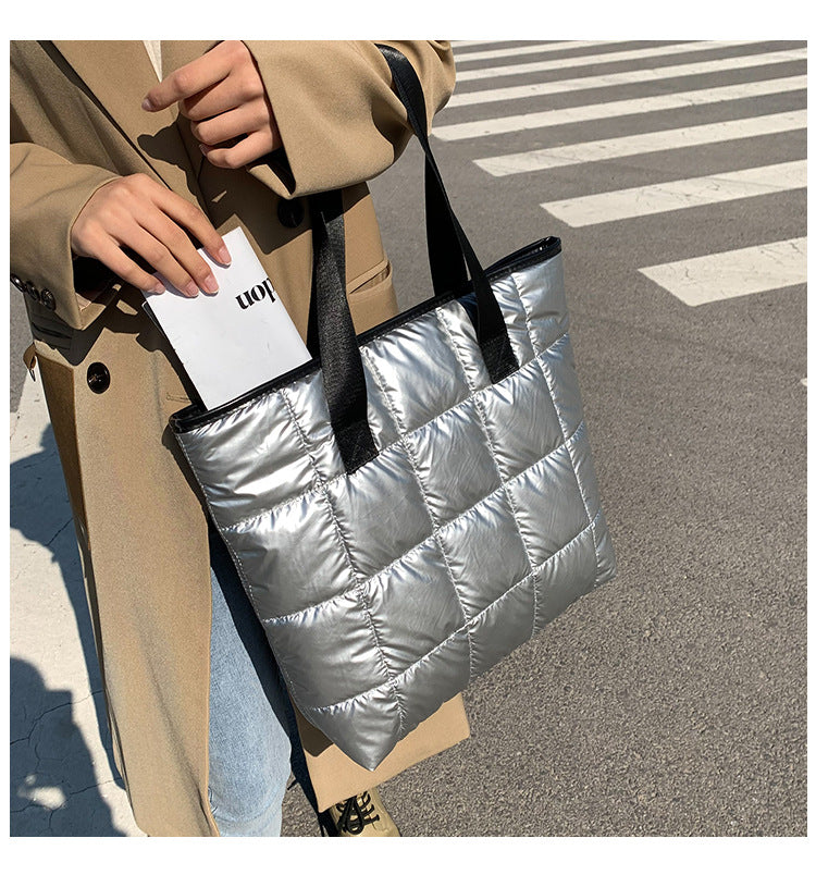 Waterproof Tote Bag for Women Puffer Cotton Padded Shoulder Bag Large Capacity Ladies Handbags Quilted Work Commute Shopping Bag