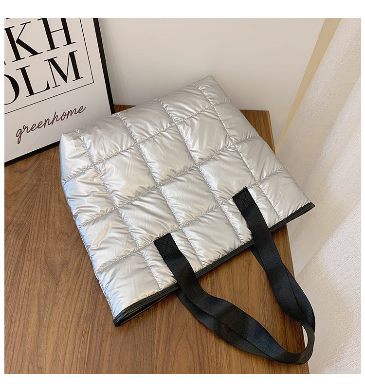 Waterproof Tote Bag for Women Puffer Cotton Padded Shoulder Bag Large Capacity Ladies Handbags Quilted Work Commute Shopping Bag