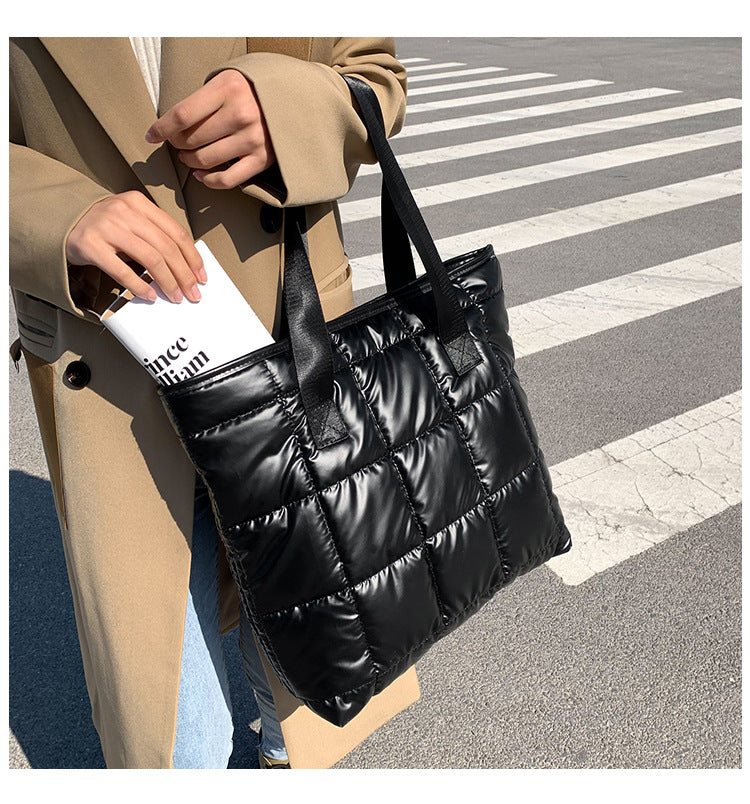 Waterproof Tote Bag for Women Puffer Cotton Padded Shoulder Bag Large Capacity Ladies Handbags Quilted Work Commute Shopping Bag