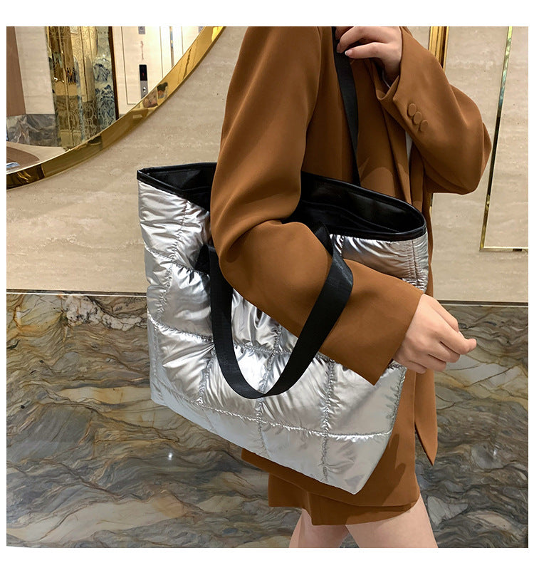 Waterproof Tote Bag for Women Puffer Cotton Padded Shoulder Bag Large Capacity Ladies Handbags Quilted Work Commute Shopping Bag