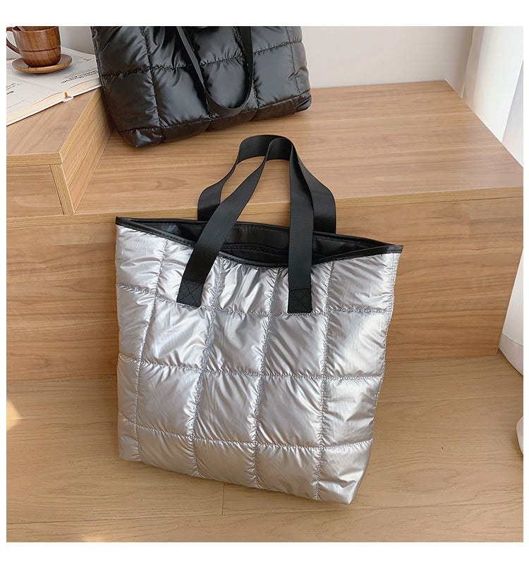Waterproof Tote Bag for Women Puffer Cotton Padded Shoulder Bag Large Capacity Ladies Handbags Quilted Work Commute Shopping Bag
