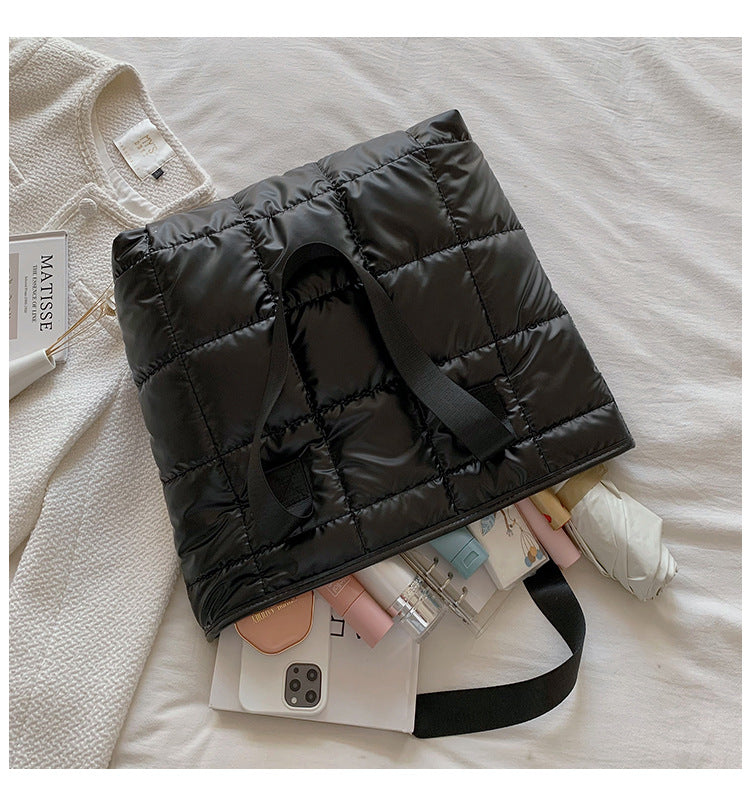 Waterproof Tote Bag for Women Puffer Cotton Padded Shoulder Bag Large Capacity Ladies Handbags Quilted Work Commute Shopping Bag