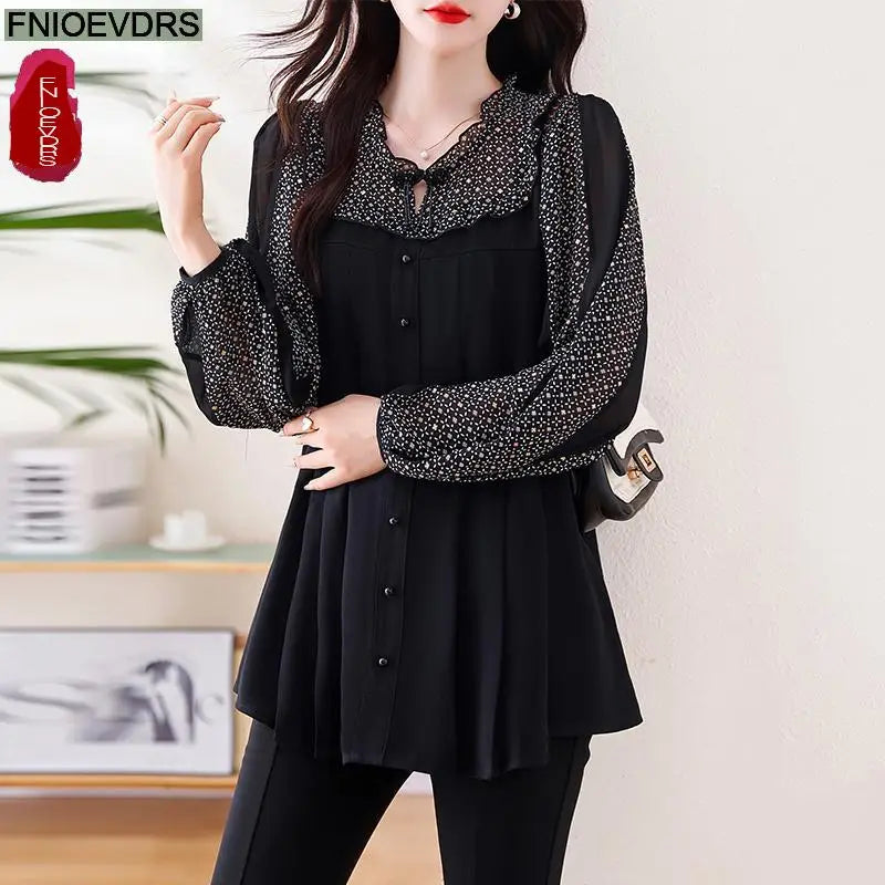 Loose Clothes Women 2024 Autumn Elegant Office Lady Casual Button Shirts Fake Two Piece Retro Vintage Bling Tops Blouses