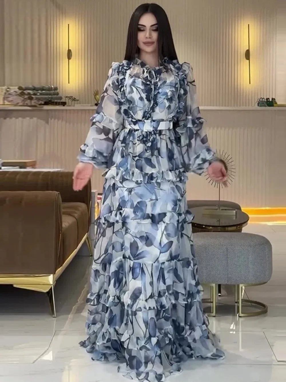 Eid Women Party Dress Abaya Muslim Ruffle Print Jalabiya Ramadan Sweet Long Dresses Vestidos Largos Kaftan Arab Long Robe 2025