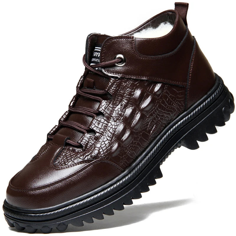 Men Genuine Leather Crocodile Print Sneakers Men's Casual Shoes Luxury British Fashion Leather Shoes Wool Inside Warm Snow Boots