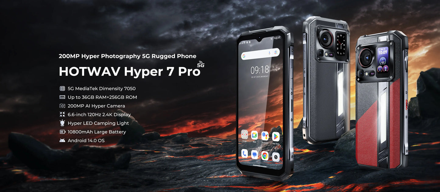HOTWAV Hyper 7 Pro 36GB(16+20) 256GB 5G Smartphone 200MP 6.6'' FHD+ 120Hz 10800mAh 33W Android 14 Rugged Cell Phone