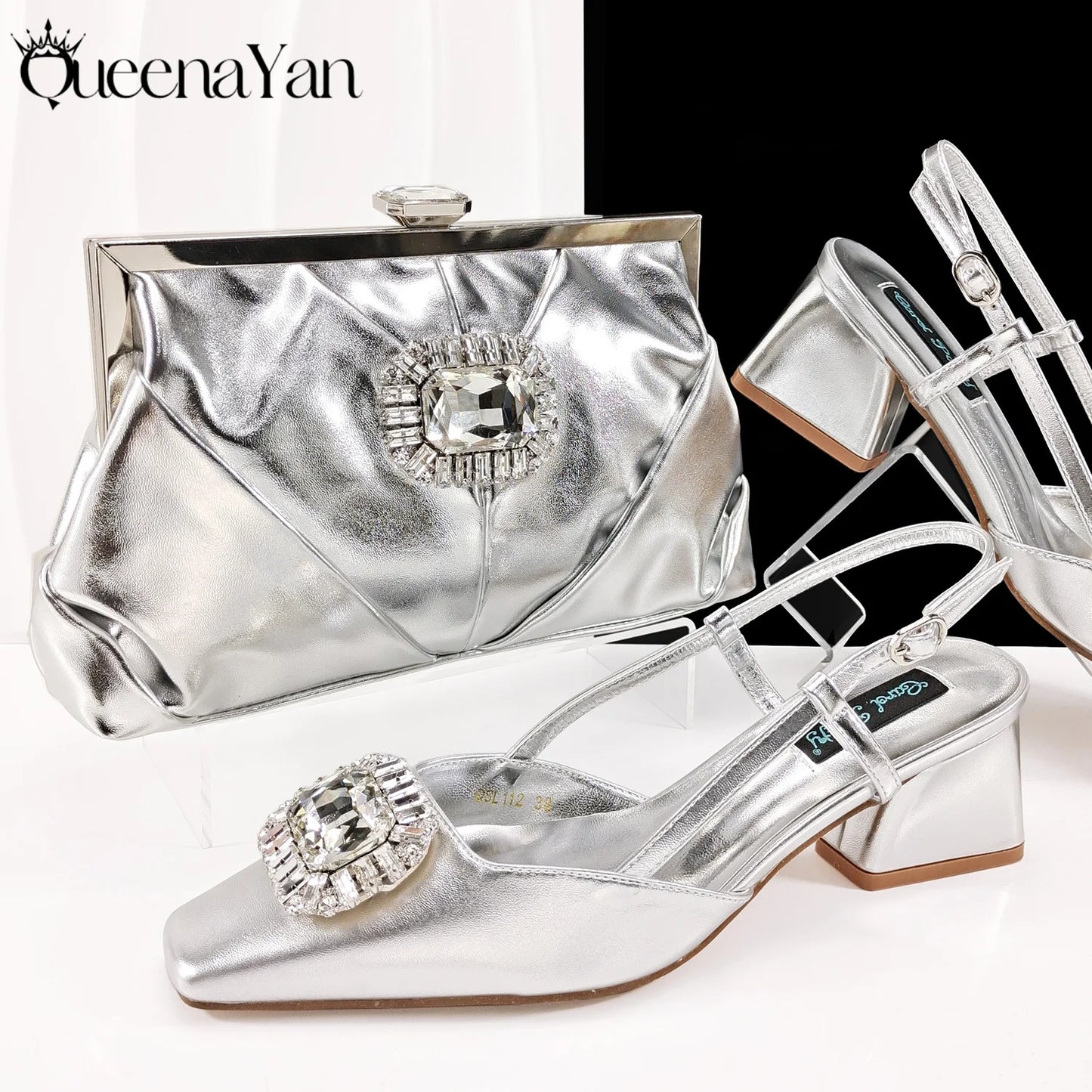 Queena Yan 2025 Nigerian Heel Party for Women Purple Color Shoes and Bag Set Rhinestone Handbag Italian Design Wedding
