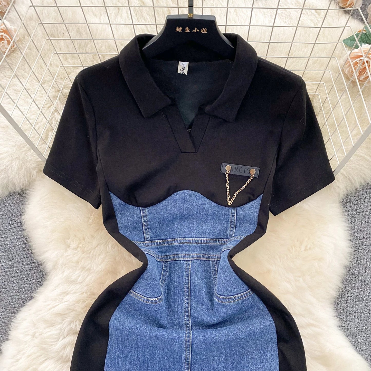 High Waist Bodycon Vestidos Mujer Women 2025 Dresses Contrast Fake Two Piece Dress Casual Fashion Vestido Temperament Robes