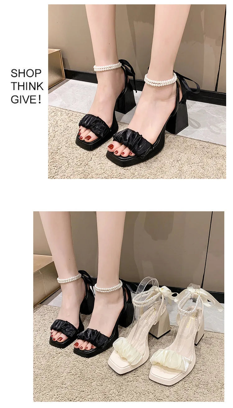 Comfort Shoes for Women Pearl Sandals Suit Female Beige Increasing Height Block Heels All-Match Black Bow 2024 Fashion Chunky Gi