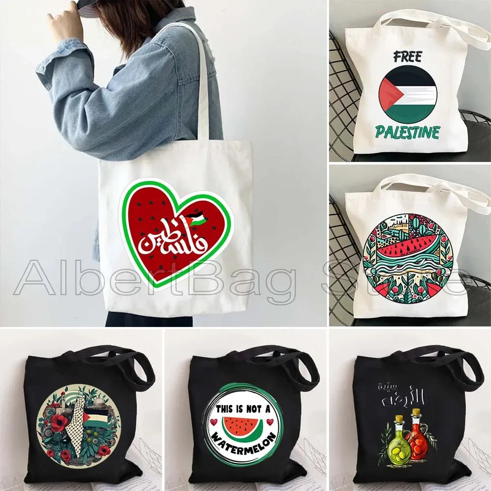 Peace Gifts Al Aqsa Keffiyeh Canvas Tote Bags Olive Tree Jerusalem Dome of The Rock Shopping Fashion Shoulder Organizer Handbag