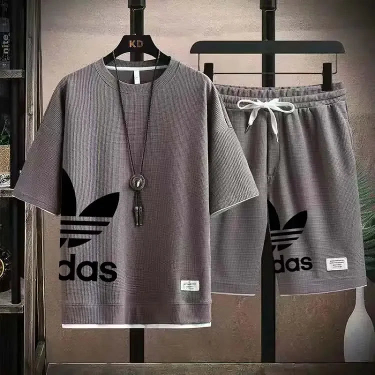 2025夏季新款男士套頭運動服套裝時尚籃球男休閒短袖T卹+短褲兩件套