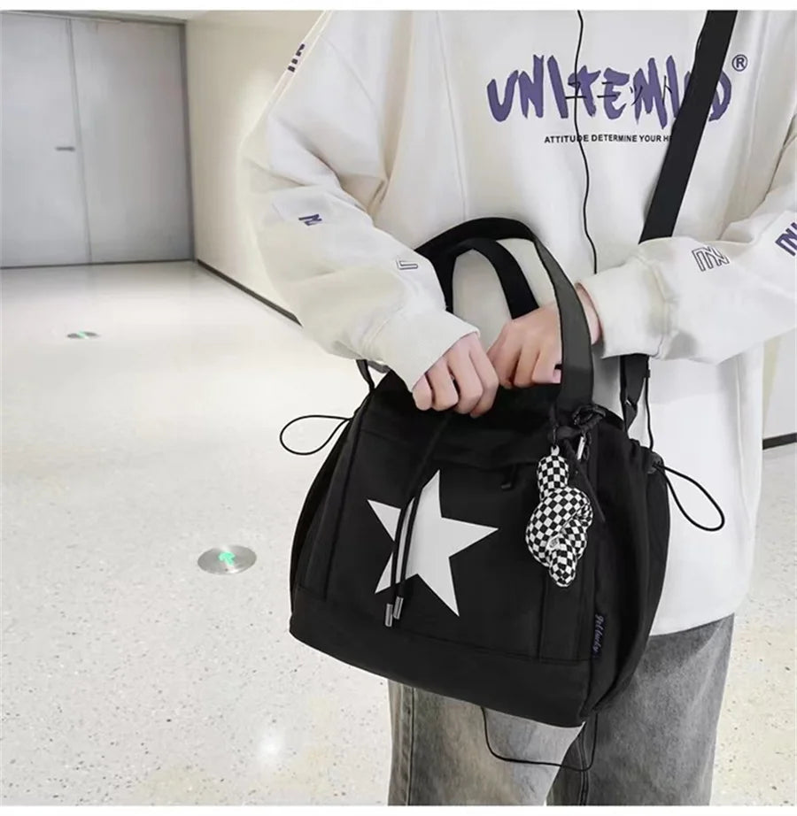 Personality Women Crossbody Bag Y2K Style Large Capacity Couple Shoulder Bag New Casual Nylon Tote Bag Luxury Drawstring Handbag