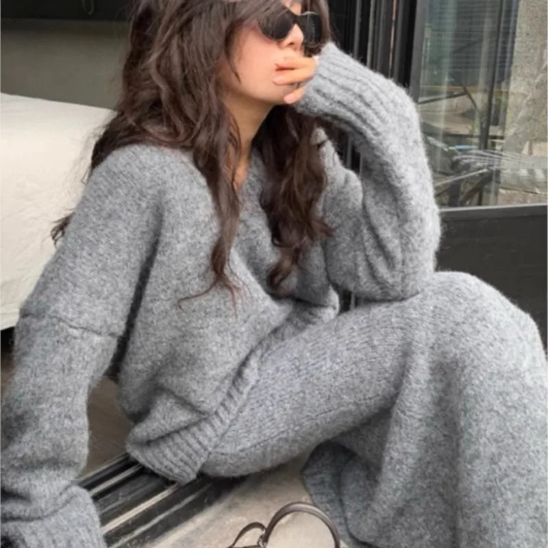 Elegant Solid Sweater Skirts Suits for Women Autumn Winter Fashion V-Neck Pullover Knitted Top Loose Skirt Casual Two Pieces Set