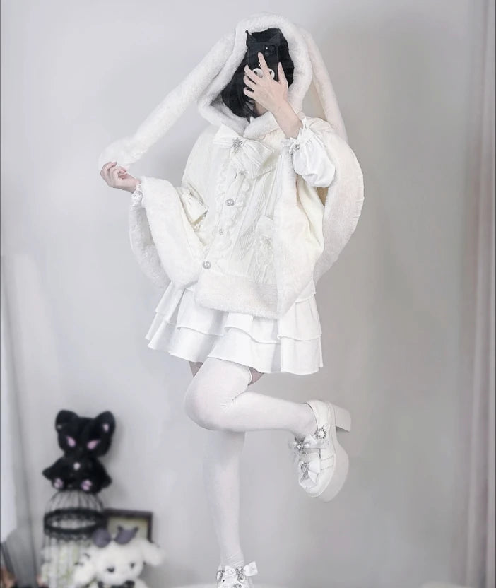 Japanese Style New Winter Mass Production Mine Series Velvet Rabbit Ear Cape Sweet Bow Knitted Furry Cloak Warm Jacket Coat