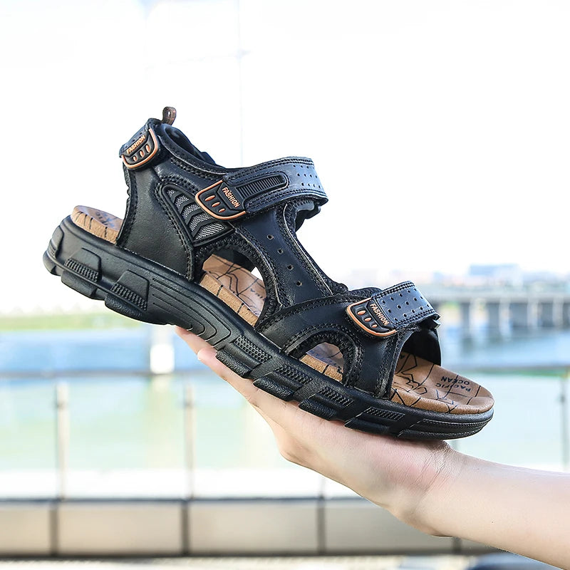 2024 New Genuine Leather Men's Sandals Summer Outdoor Non-slip Hiking Trekking Shoes for Men Beach Slippers Casual Sneakers