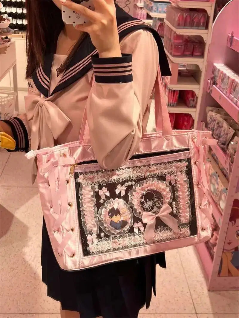 Japanese Sweet Women Ribbon Ita Bag Cute Lolita Girl Transparent Handbags Fashion Large Capacity Tote Bag Aesthetic Shoulder Bag