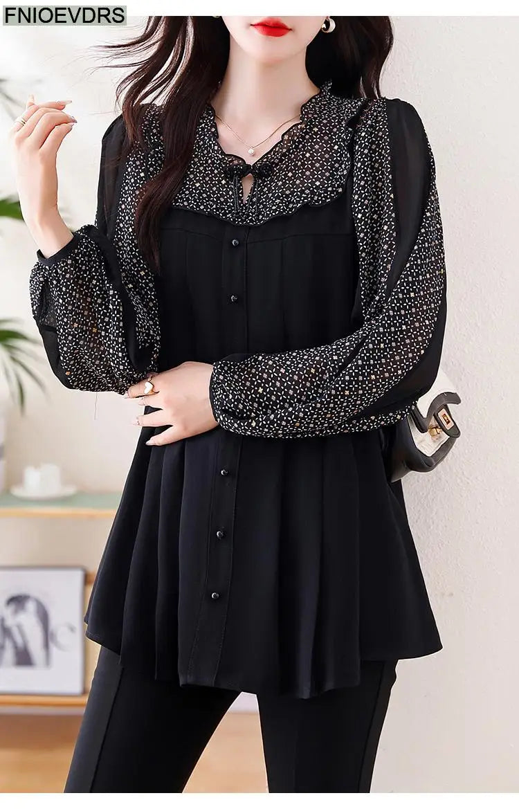 Loose Clothes Women 2024 Autumn Elegant Office Lady Casual Button Shirts Fake Two Piece Retro Vintage Bling Tops Blouses