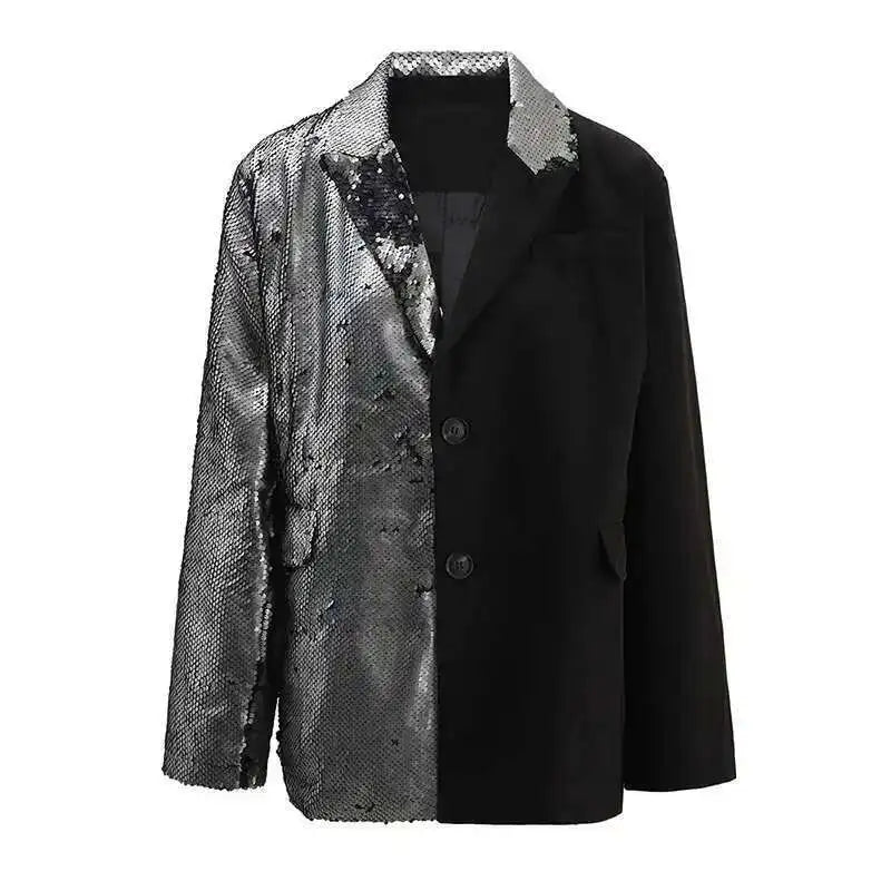 EAM Black Color-block Sequins Big Size Blazer Women New Lapel Long Sleeve Jacket Fashion Tide Spring Autumn 2025 CPG1490