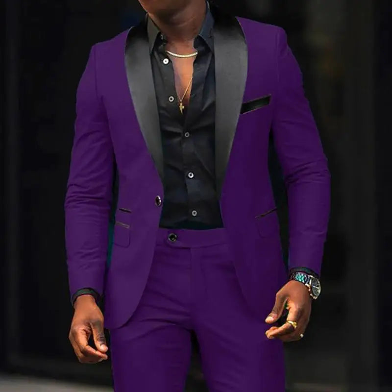 男士新款時尚商務休閒兩件式舒適透氣修身側開叉單扣西裝外套+褲子