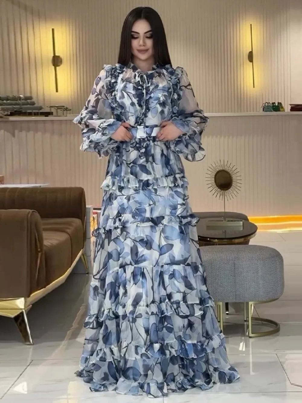 Eid Women Party Dress Abaya Muslim Ruffle Print Jalabiya Ramadan Sweet Long Dresses Vestidos Largos Kaftan Arab Long Robe 2025