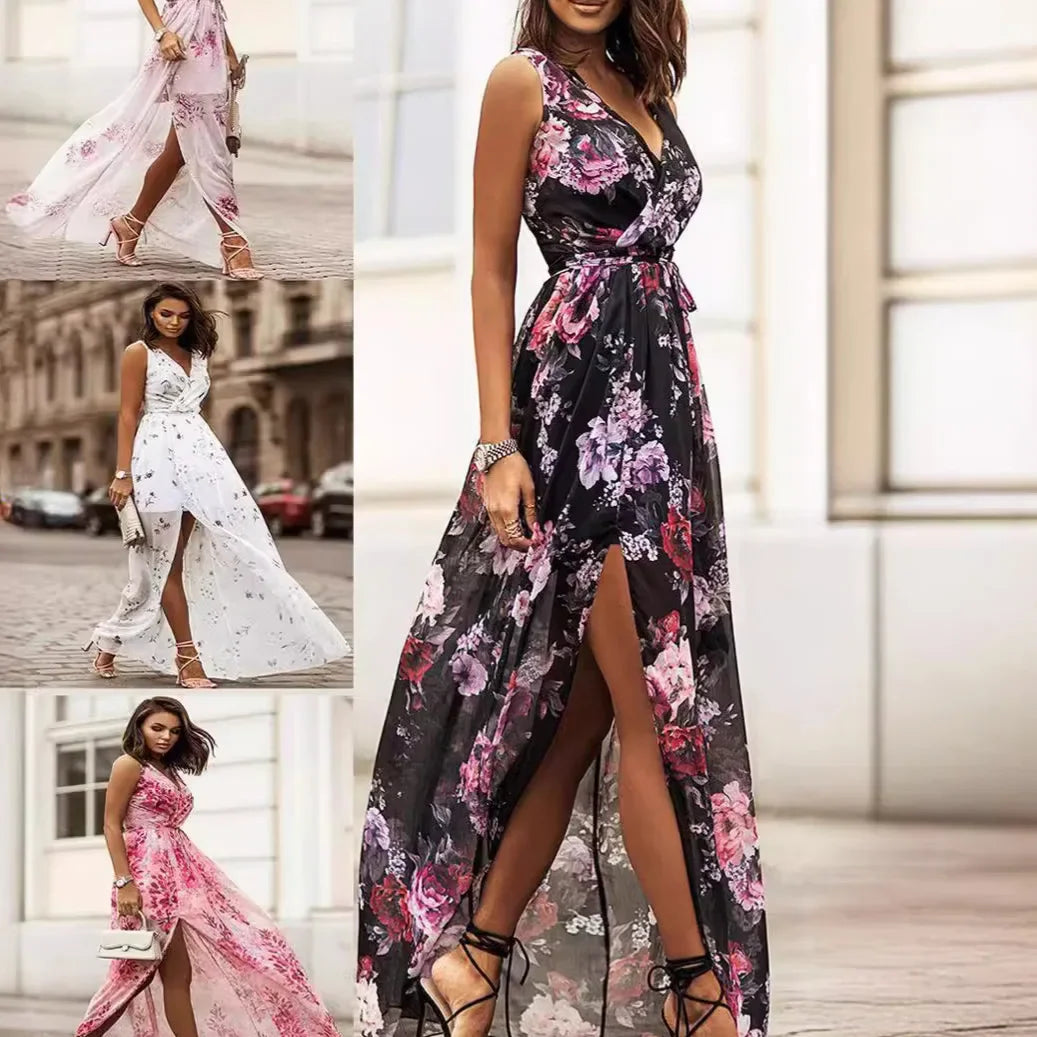 2023年夏季新款獨立站Wish亞馬遜雪紡印花繫帶洋裝女裝洋裝無袖V領