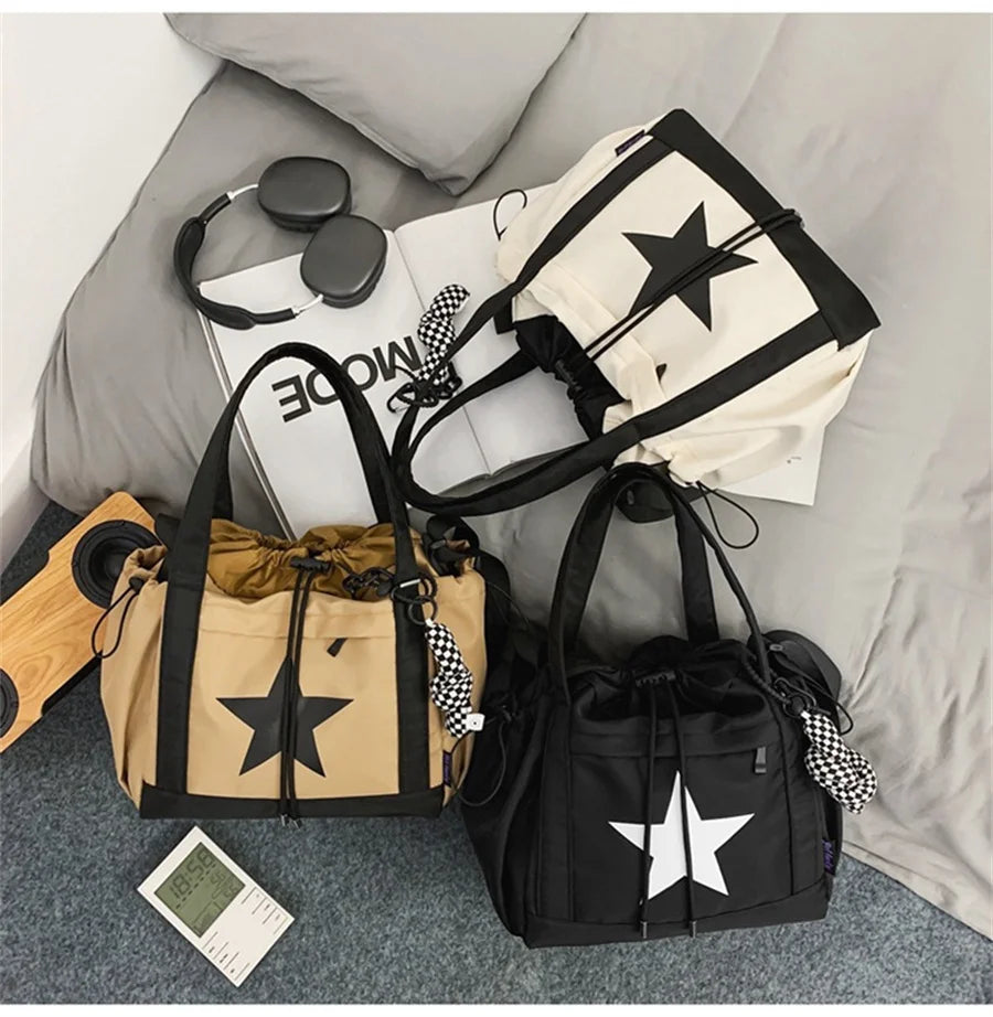 Personality Women Crossbody Bag Y2K Style Large Capacity Couple Shoulder Bag New Casual Nylon Tote Bag Luxury Drawstring Handbag