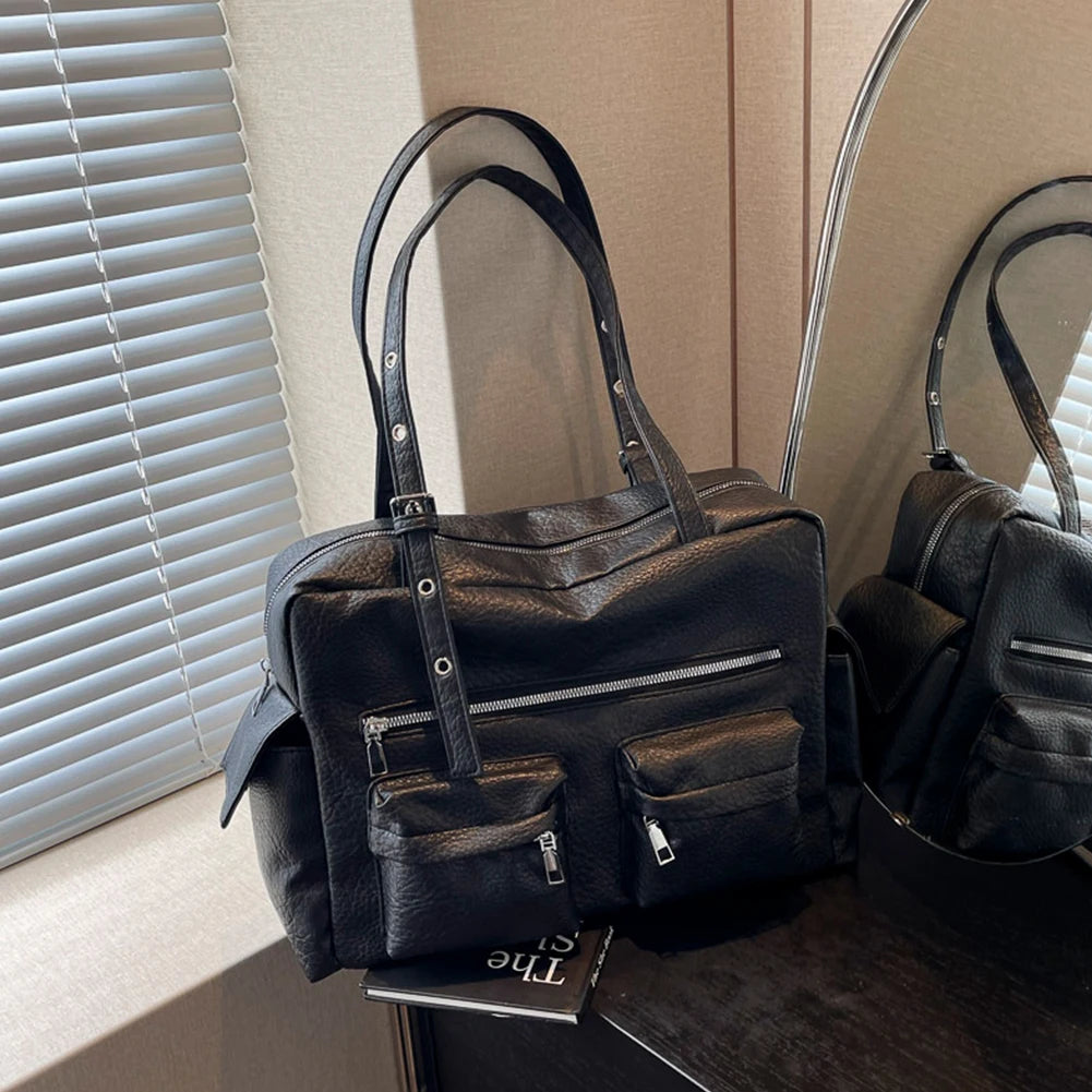 2024 Women PU Leather Shoulder Bag Multi-Pockets Underarm Bag Solid Versatile Commuting Handbag Adjustable Strap Armpit Tote Bag