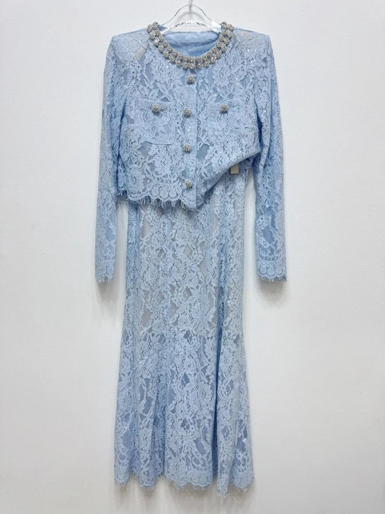 Luxury Lace Long Dress 2 Piece Sets Women 2025 Summer Holiday Hollow Out Embroidery Crystal Beaded Jackets Tops Maxi Skirt Suits